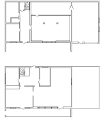 Nuvarande planritningar, entrévåningen överst. (Ett sovrum är i verkligheten avdelat från vardagsrummet.)